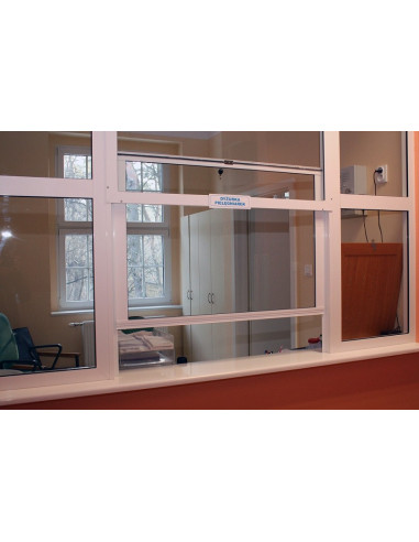 Okno podawcze / kasowe przesuwne w pionie z siłownikiem - aluminium anodowane